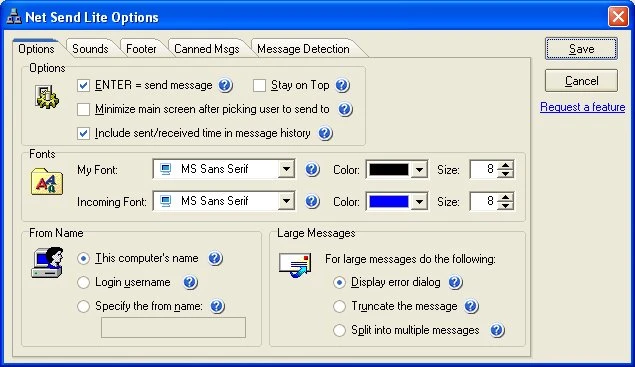 Net Send Lite options dialog showing general settings, ENTER key, font, and FROM name configuration