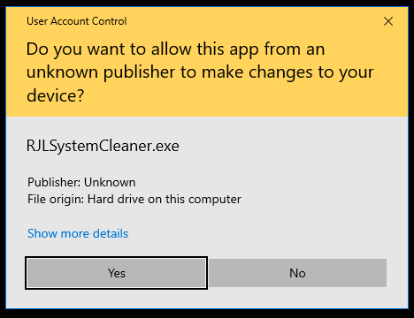 Standard Windows User Account Control dialog asking Do you want to allow this app to make changes to your device for RJLSystemCleaner.exe