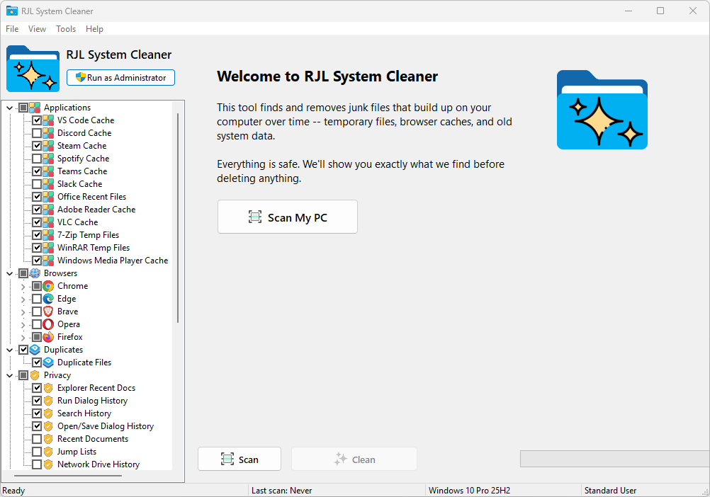 RJL System Cleaner welcome screen with a sidebar listing Applications, Browsers, Duplicates, and Privacy categories alongside a large Scan My PC button